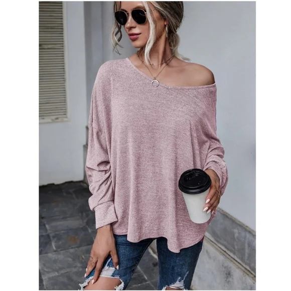 Pink Long Sleeve Tee Shirt V Cut Back Tie Back Long Sleeve Oversized - Picture 4 of 8